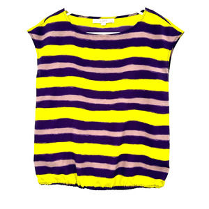 Loft size XS petite‎ yellow purple striped short sleeve blouse top shirt